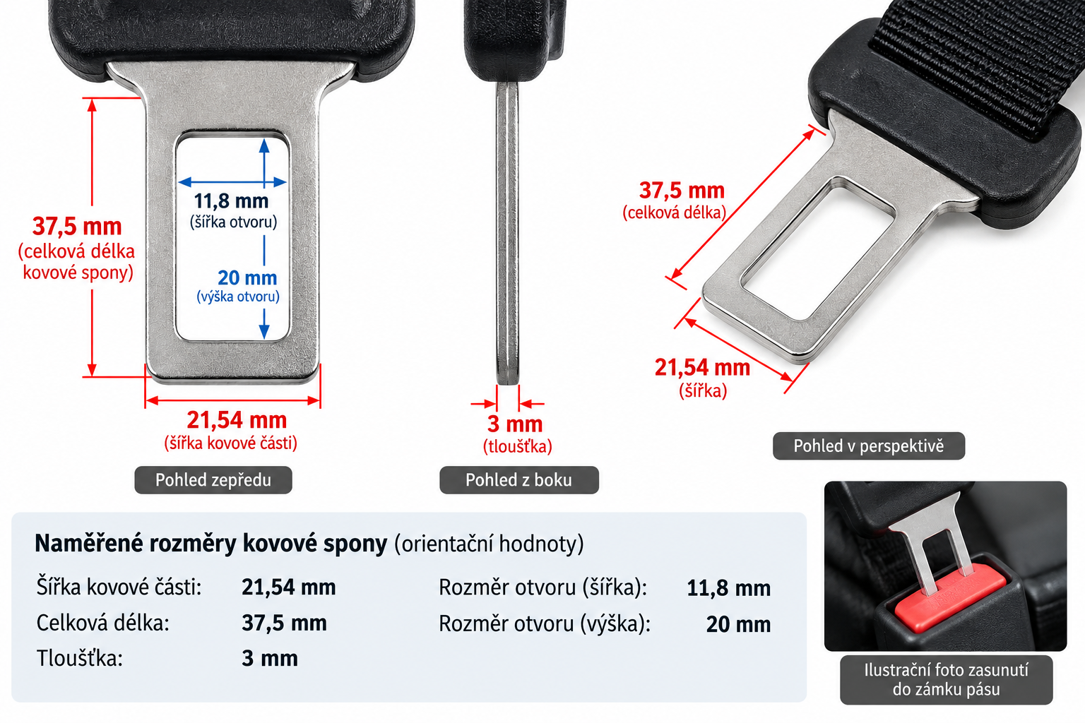 Technický přehled rozměrů spony bezpečnostního pásu